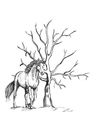 Fingeravtrycksaffisch med träd och häst